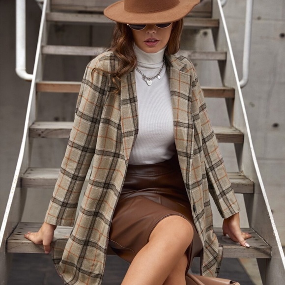plaid button tan khaki trench pea coat fall - Picture 6 of 6